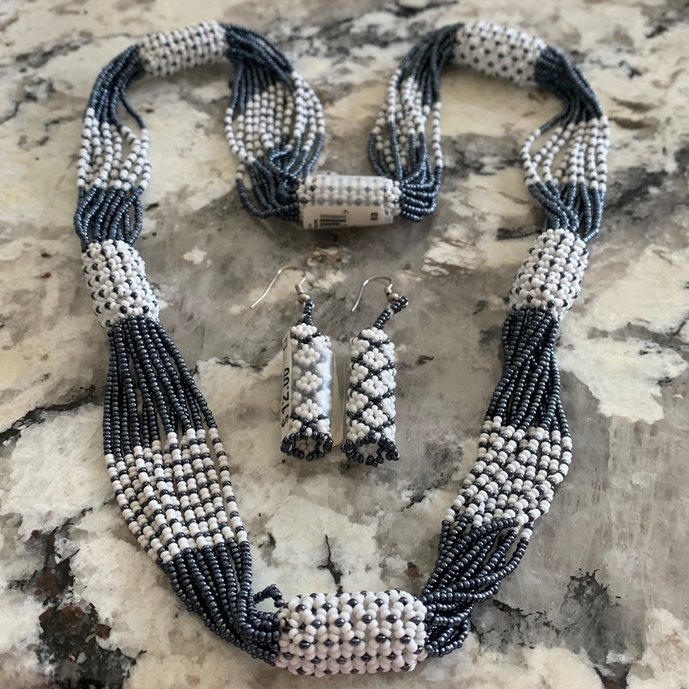 NWT Blue-Grey/White Seed Bead Necklace and Earring Set (Necklace=24”)